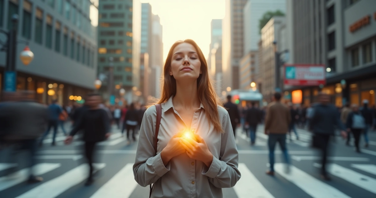 Pessoa em pé entre multidão borrada focada no próprio peito iluminado 