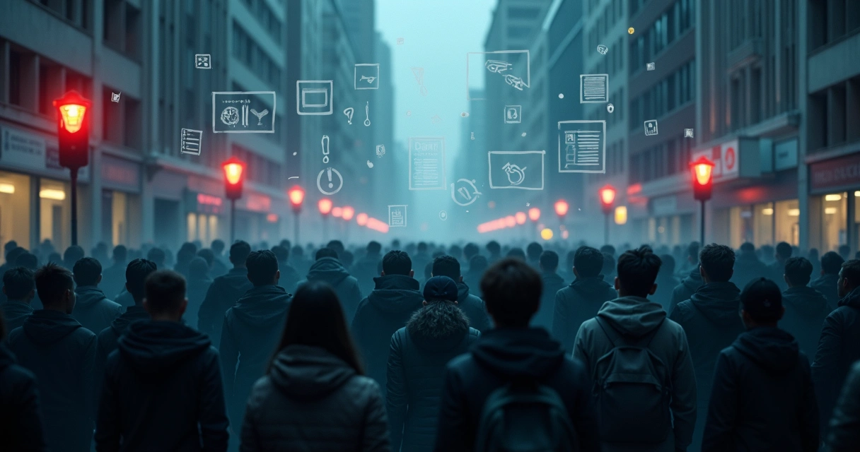 Multidão em rua escura com silhuetas tensas cercadas por avisos de regras e controles 