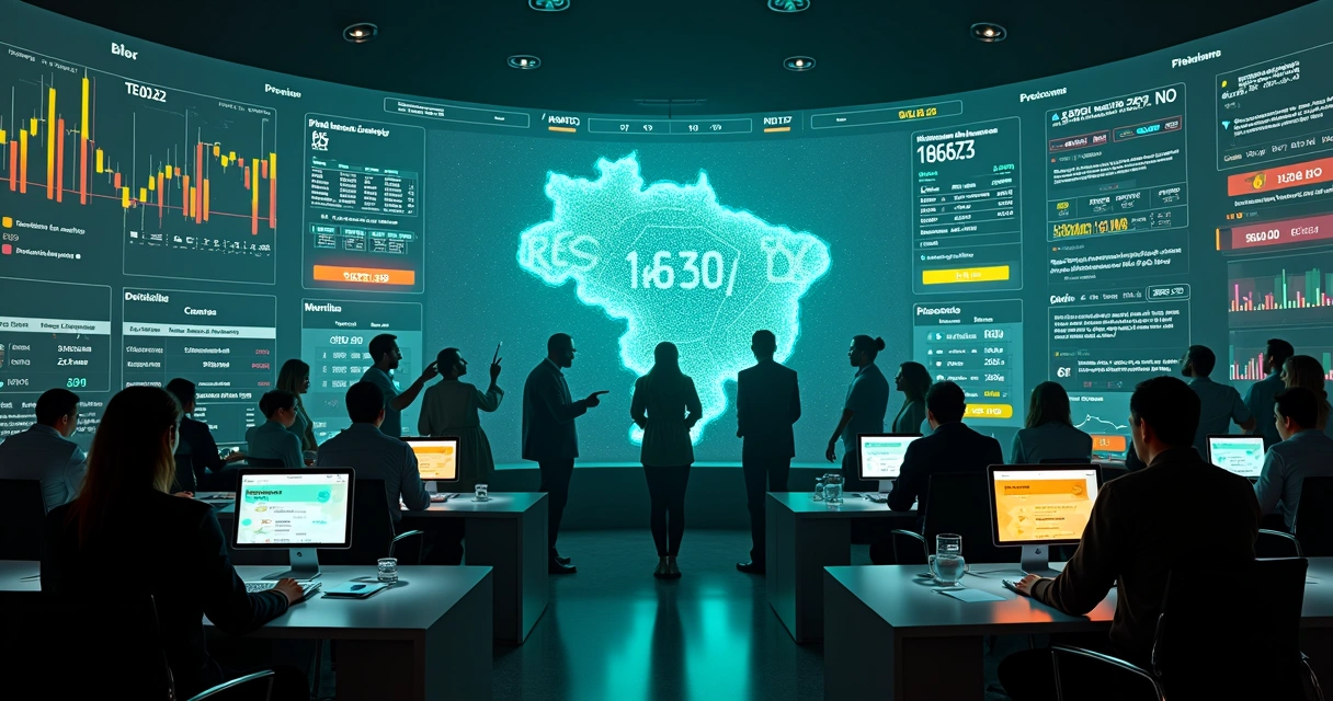 Grupo de pessoas em volta de tela gigante com gráficos de predição digital 