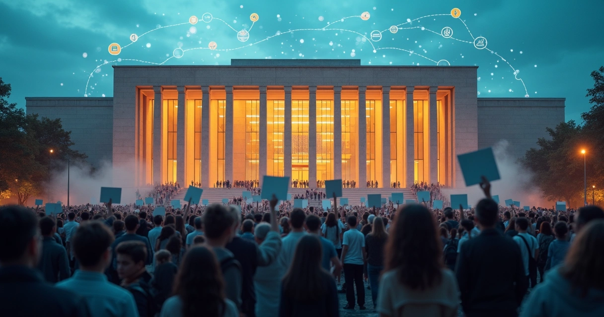 Multidão em frente ao congresso com projeções de narrativas e ícones de política pública 