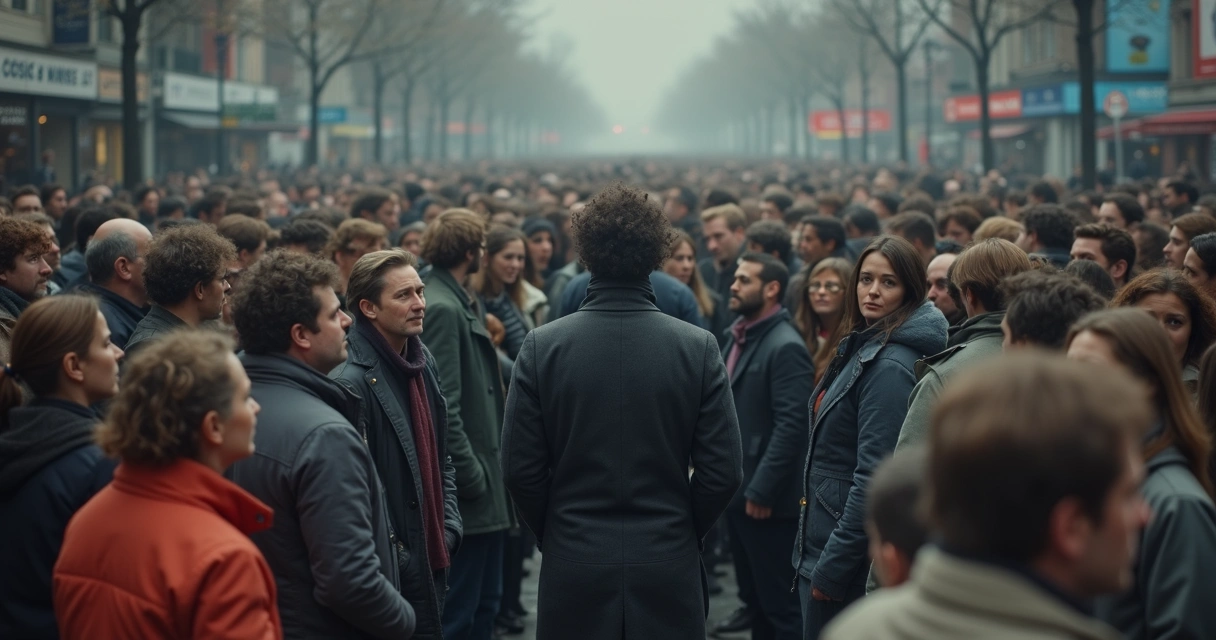 Multidão em ambiente urbano olhando discretamente para uma pessoa no centro