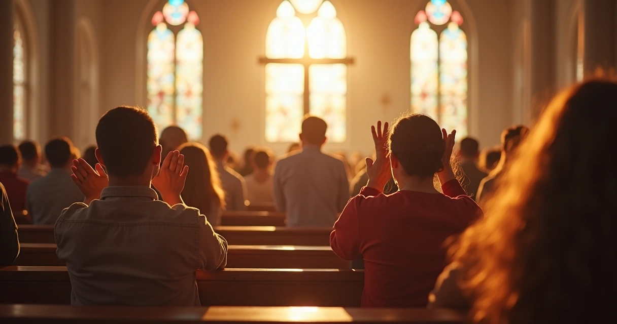 Multidão em igreja orando de mãos dadas 