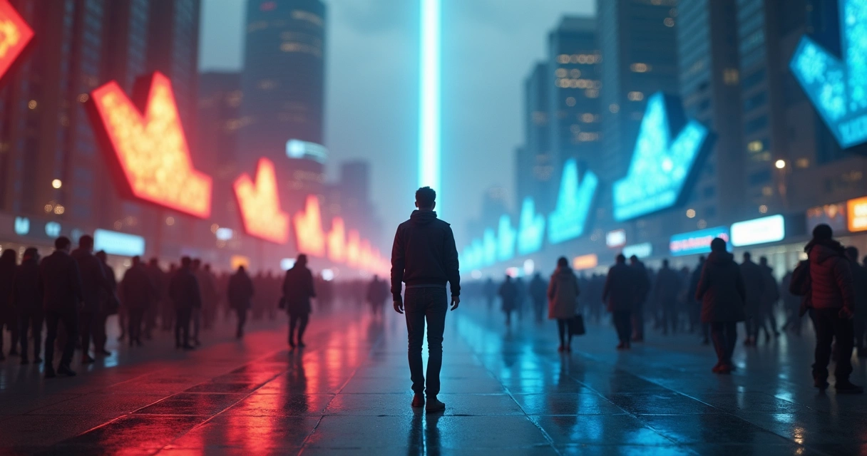 Pessoa em pé diante de multidão seguindo setas, escolhendo caminho próprio 