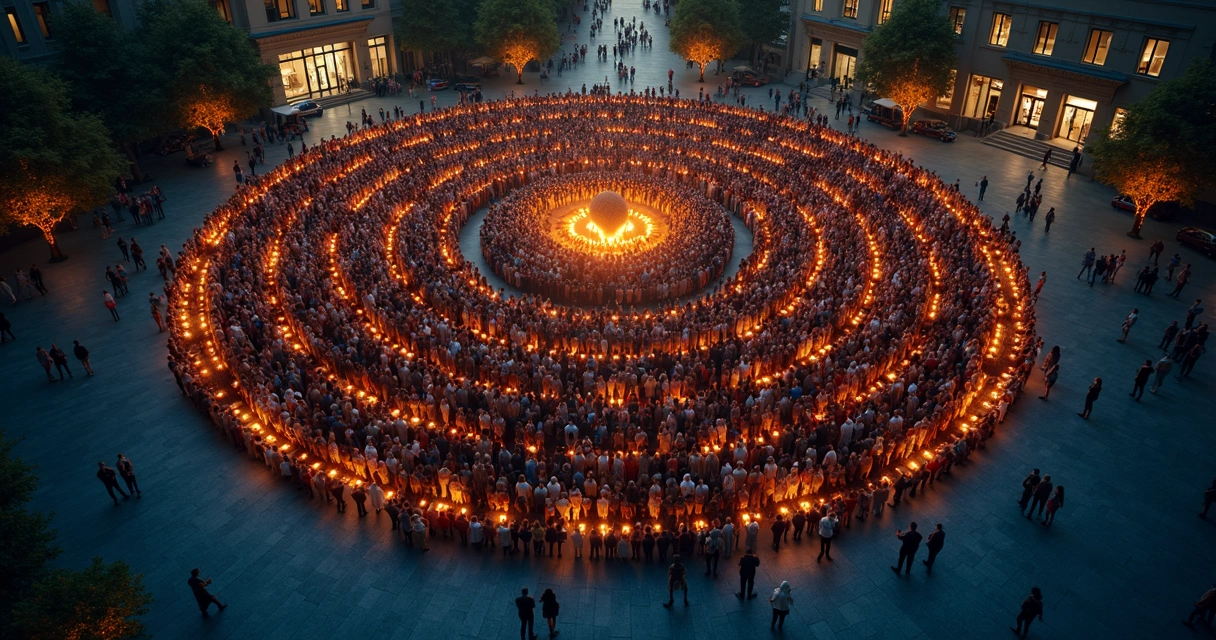 Multidão em praça urbana formando espiral de luzes à noite 