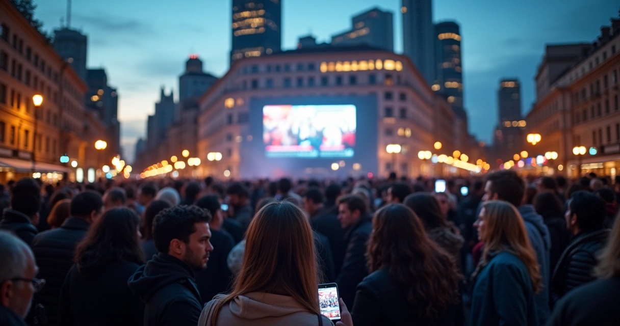 Pessoas reunidas em ambiente urbano olhando preocupadas para telas 