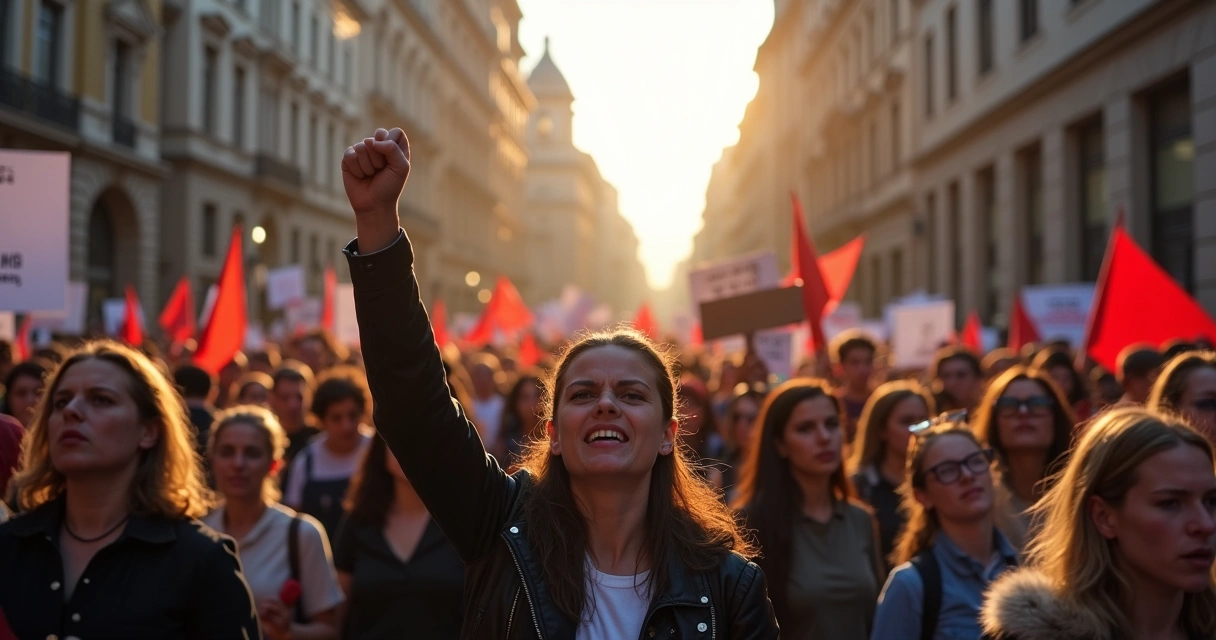 Multidão expressando raiva durante um protesto de rua, rostos concentrados e cartazes erguidos 
