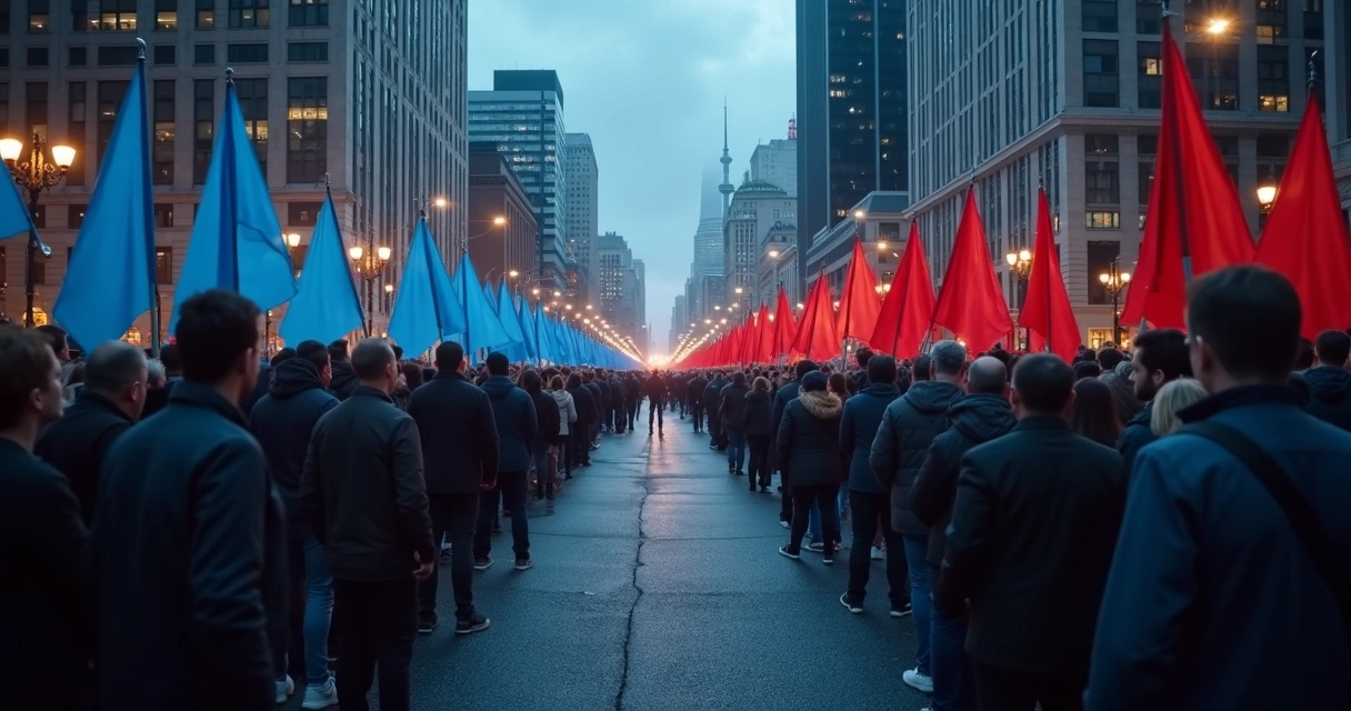 Multidão dividida em dois lados opostos em protesto político noturno 
