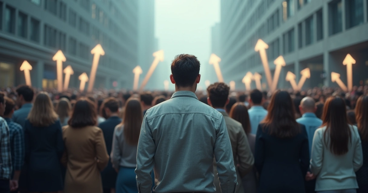 Multidão projetando setas de culpa sobre uma única pessoa isolada 