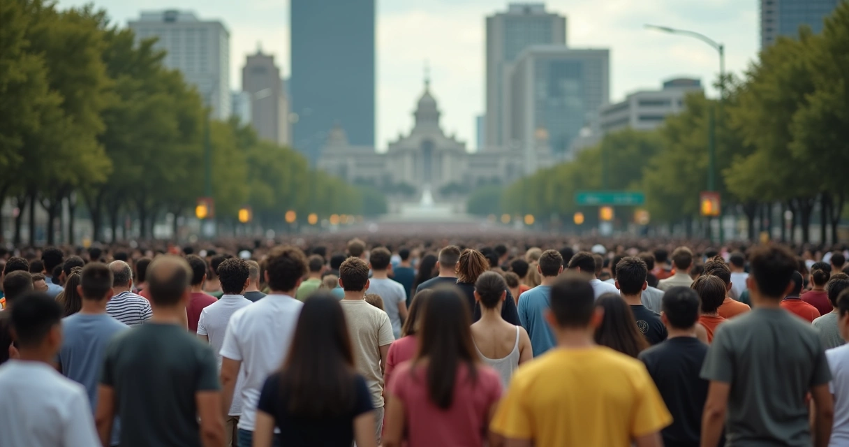 Multidão brasileira andando em fluxo único em cidade grande vista de cima 