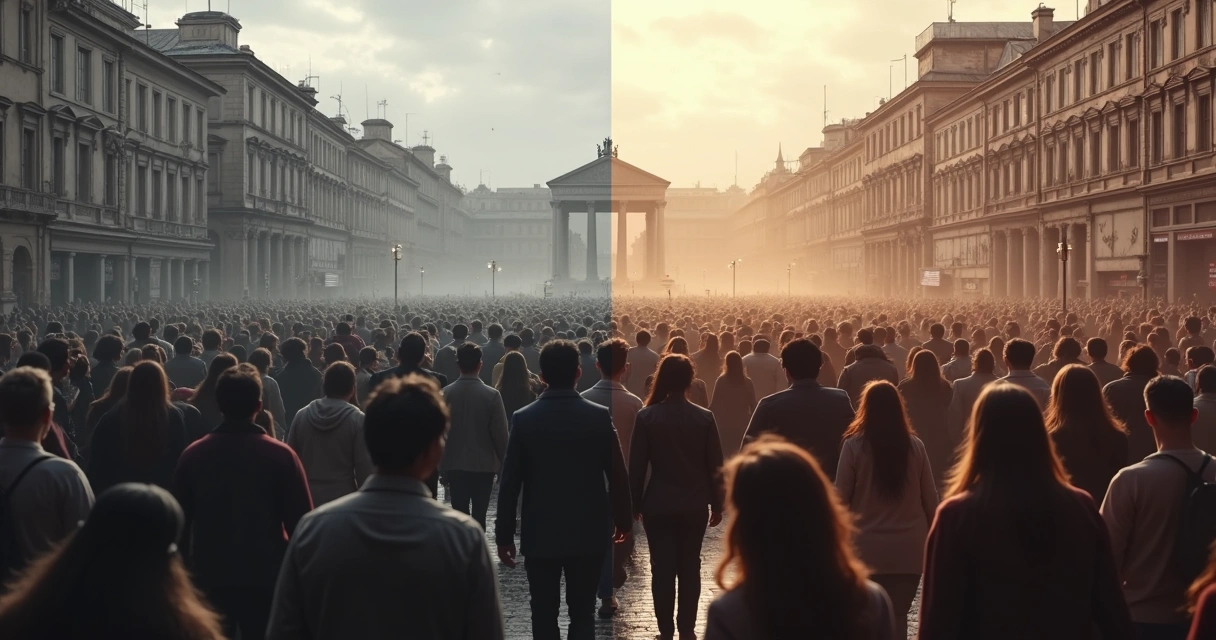 Multidão em cidade com metade em preto e branco e metade colorida representando trauma coletivo 