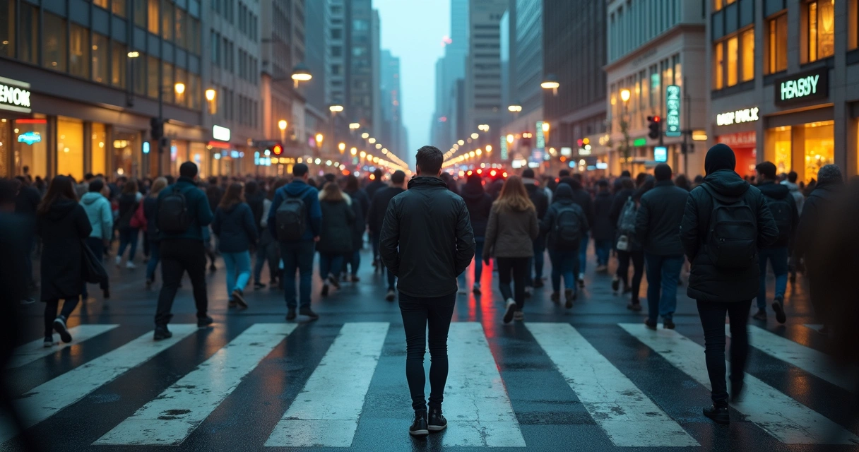 Pessoa solitária em multidão urbana colorida vista de cima 