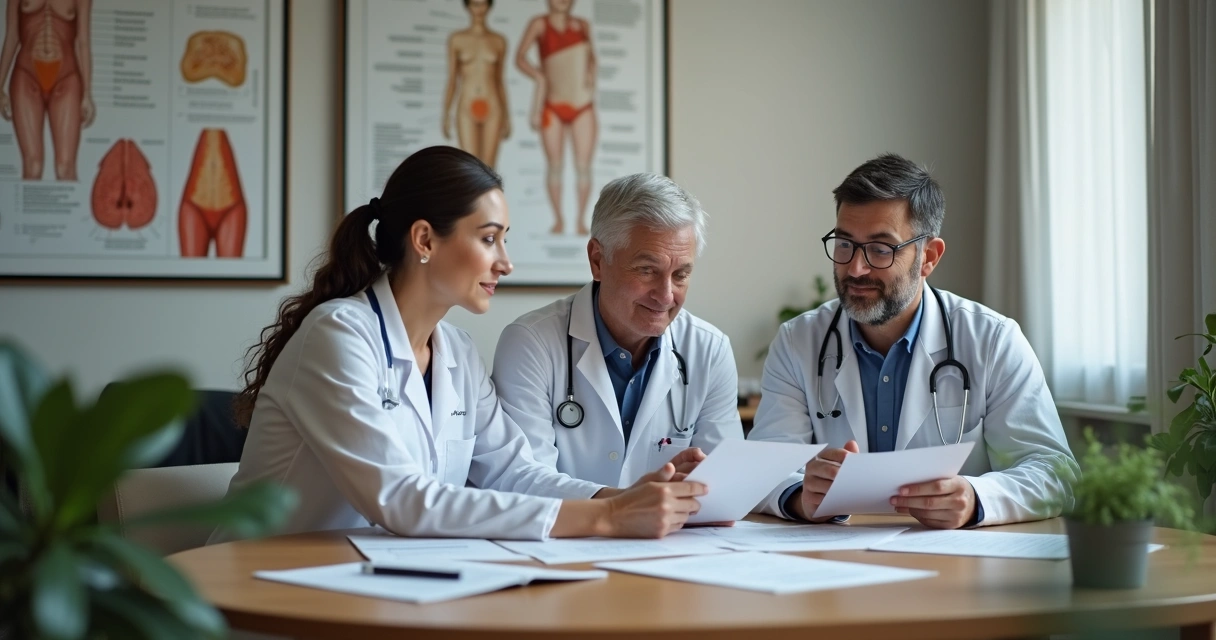 Reunião multidisciplinar com terapeuta, médico e nutricionista discutindo caso. 