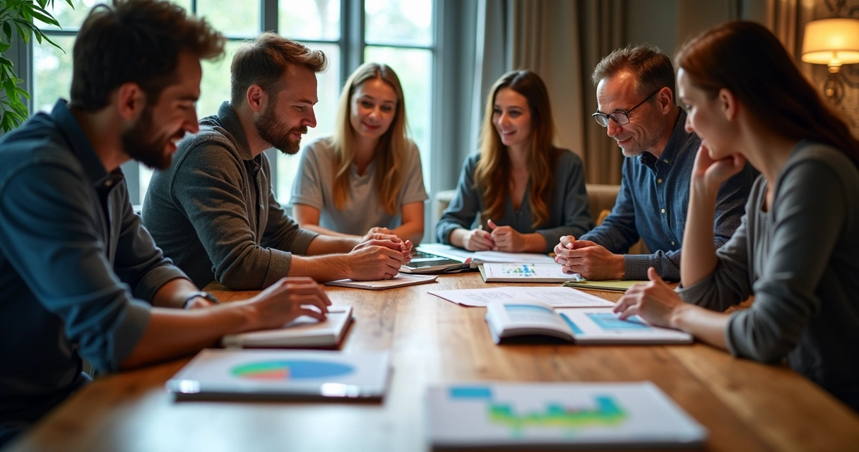 Group of diverse people working together around a table with open books and digital devices, discussing, with books, tablets, and laptops visible on the table 