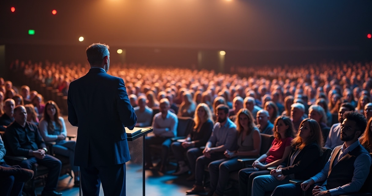 Multidão em auditório reagindo de formas diferentes a um mesmo líder no palco 