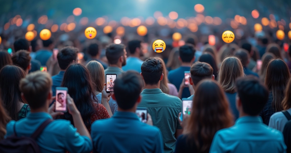 Multidão reunida olhando celulares com diferentes reações.