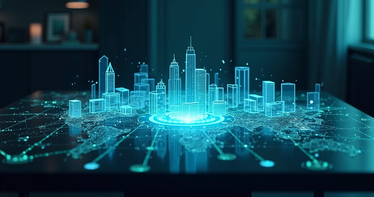 Mapa tridimensional de várias empresas conectadas por uma plataforma digital central 