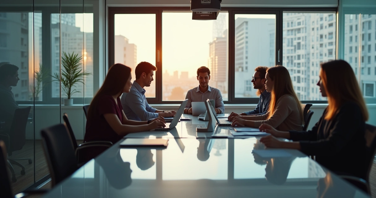 Multifuncional moderna em escritório corporativo com equipe trabalhando ao fundo 