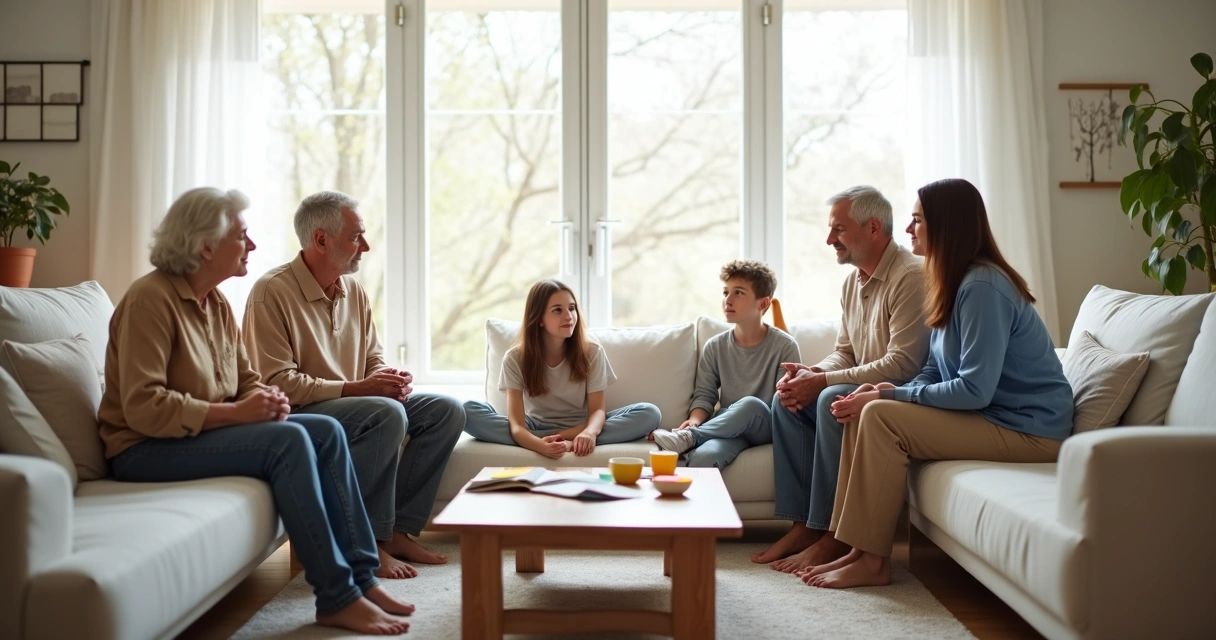 Multigenerational family sitting in a circle having a warm conversation 