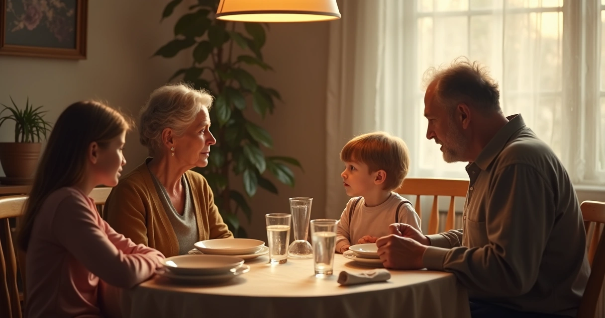 Three generations talking quietly at a dining table
