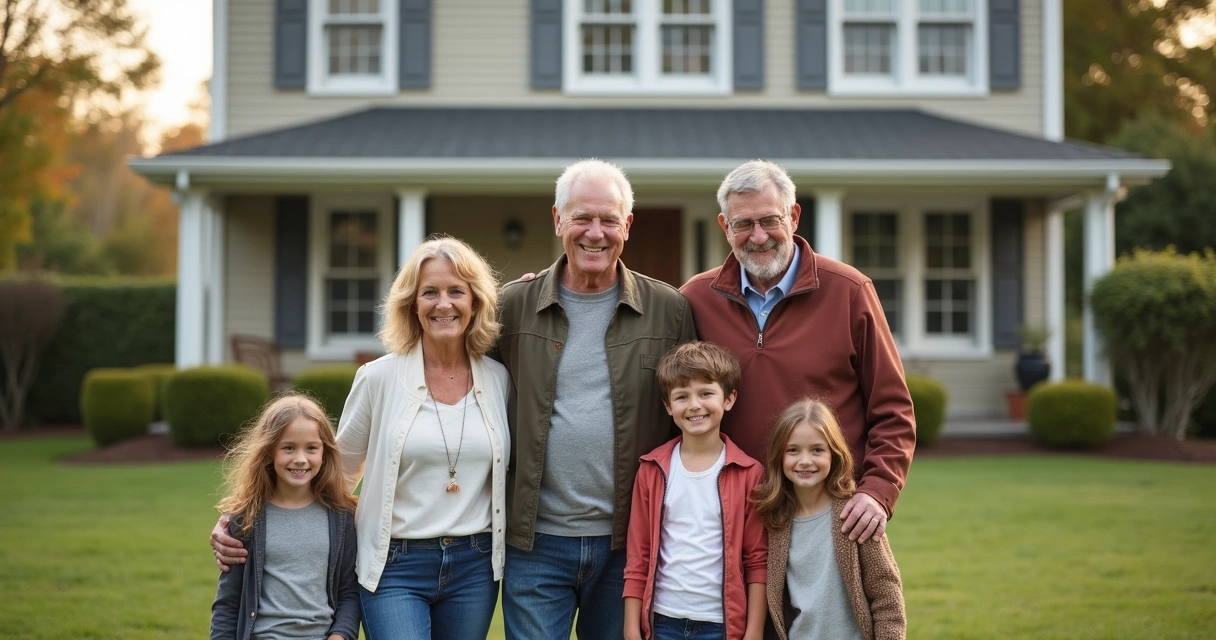 Multigenerational family in front of house, grandparents, parents, children. 