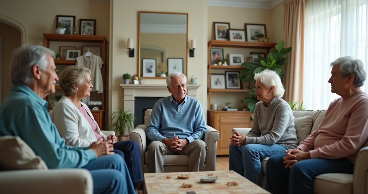 Three generations in a living room during a tense conversation 