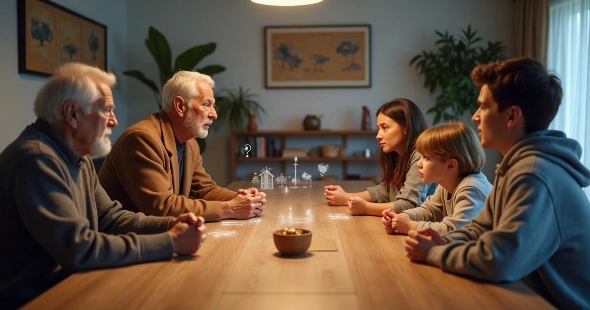 Multi-generational family seated at one table divided by subtle value symbols 