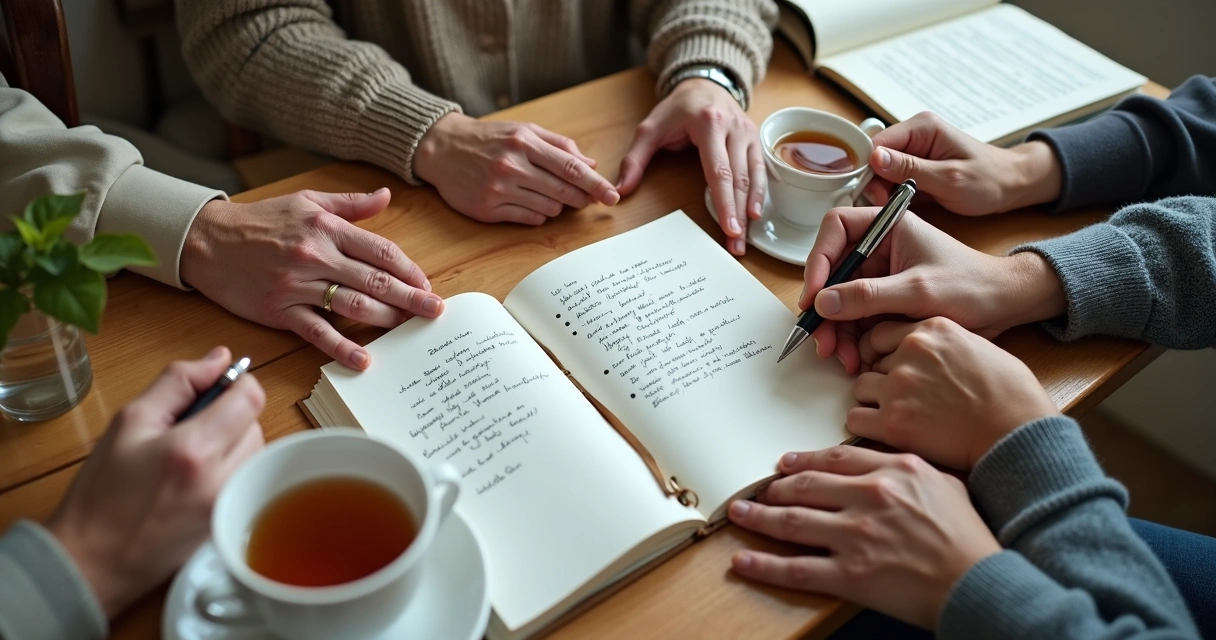 Hands of different ages writing feelings in a journal 