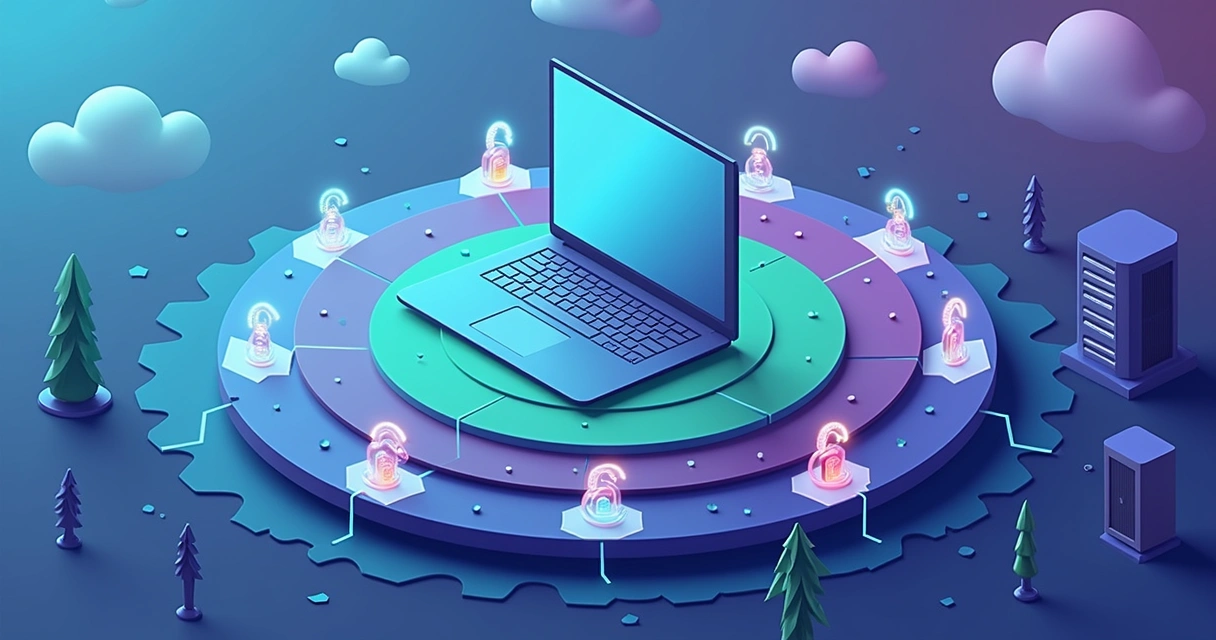 Ilustração de camadas de proteção envolvem notebook corporativo