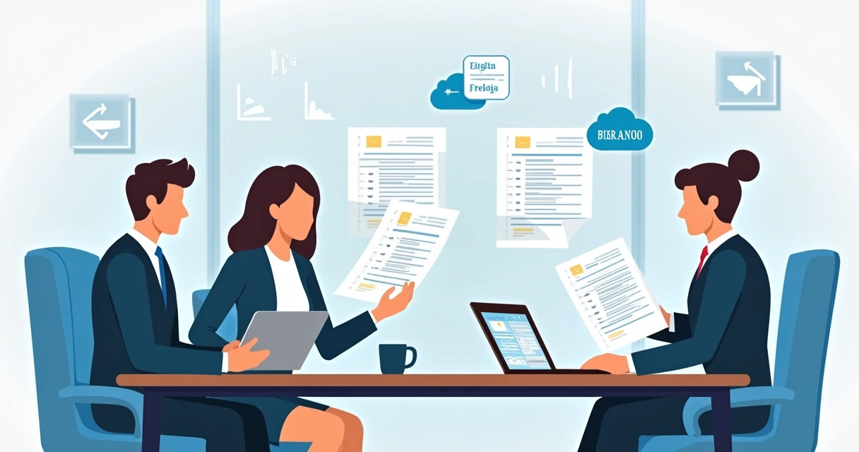 Business people reviewing a contract on a tablet with multiple languages on the screen 