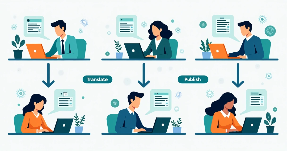 Illustrated multilingual workflow with editors, translation tasks, and website screens 