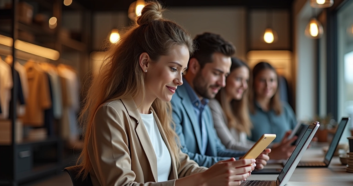 Equipe de lojas acessando o ERP multiloja em nuvem em tablets e celulares 