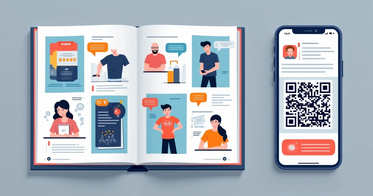 Imagens de produtos, QR Code e arte digital lado a lado em uma página de catálogo 