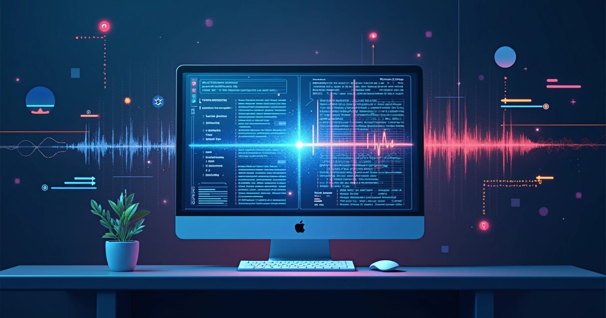 Tela dividida mostrando IA analisando texto, imagem e áudio simultaneamente 