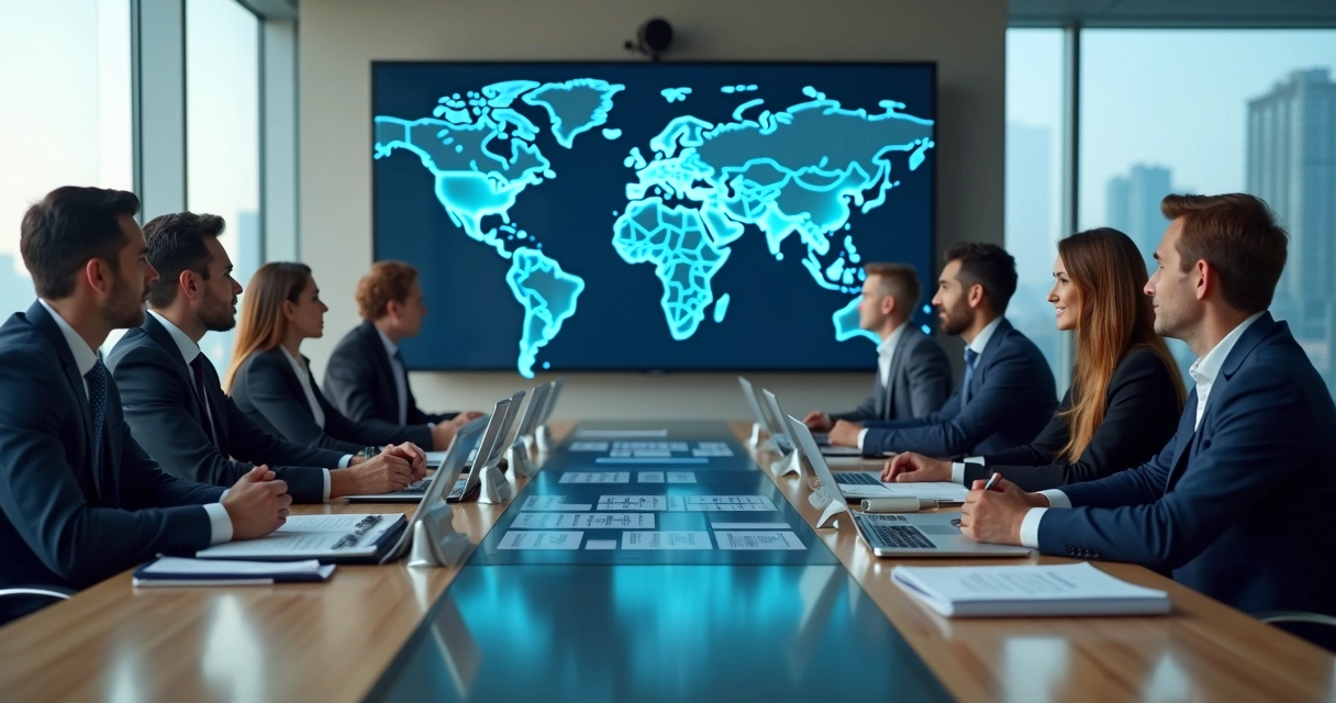 Global business team in video conference connecting US headquarters and foreign branch