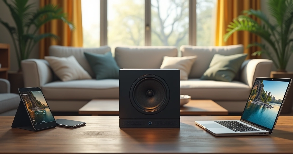 Vários dispositivos ligados à caixa de som Bluetooth em sala moderna 