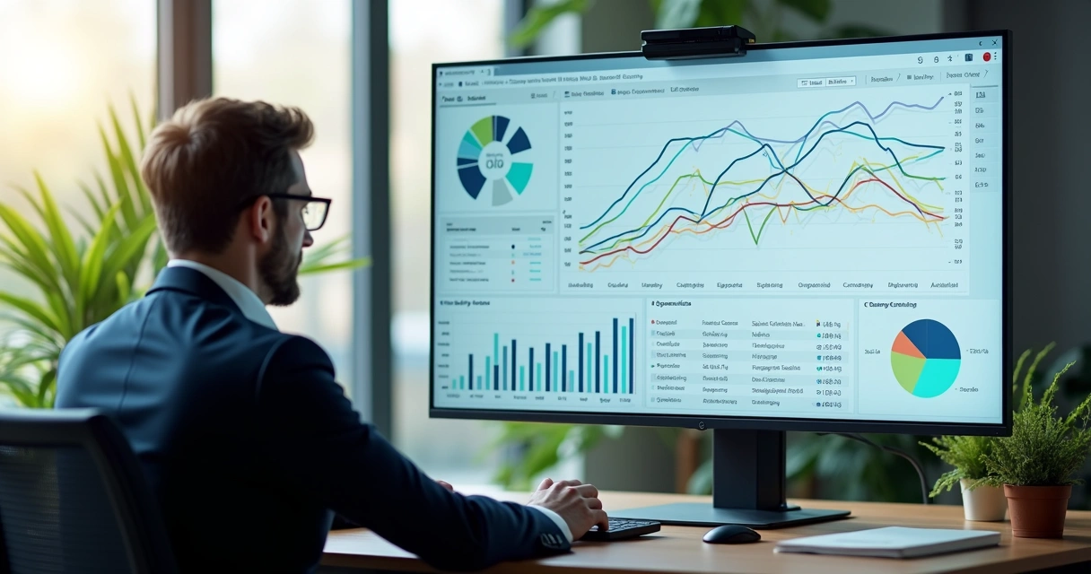 Gestor analisando fluxo financeiro unificado de várias empresas em tela. 