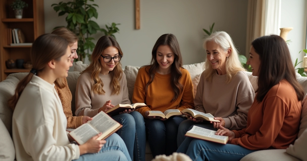 Grupo de mulheres de diferentes idades reunidas em círculo, em ambiente aconchegante, lendo a Bíblia e compartilhando entre si 