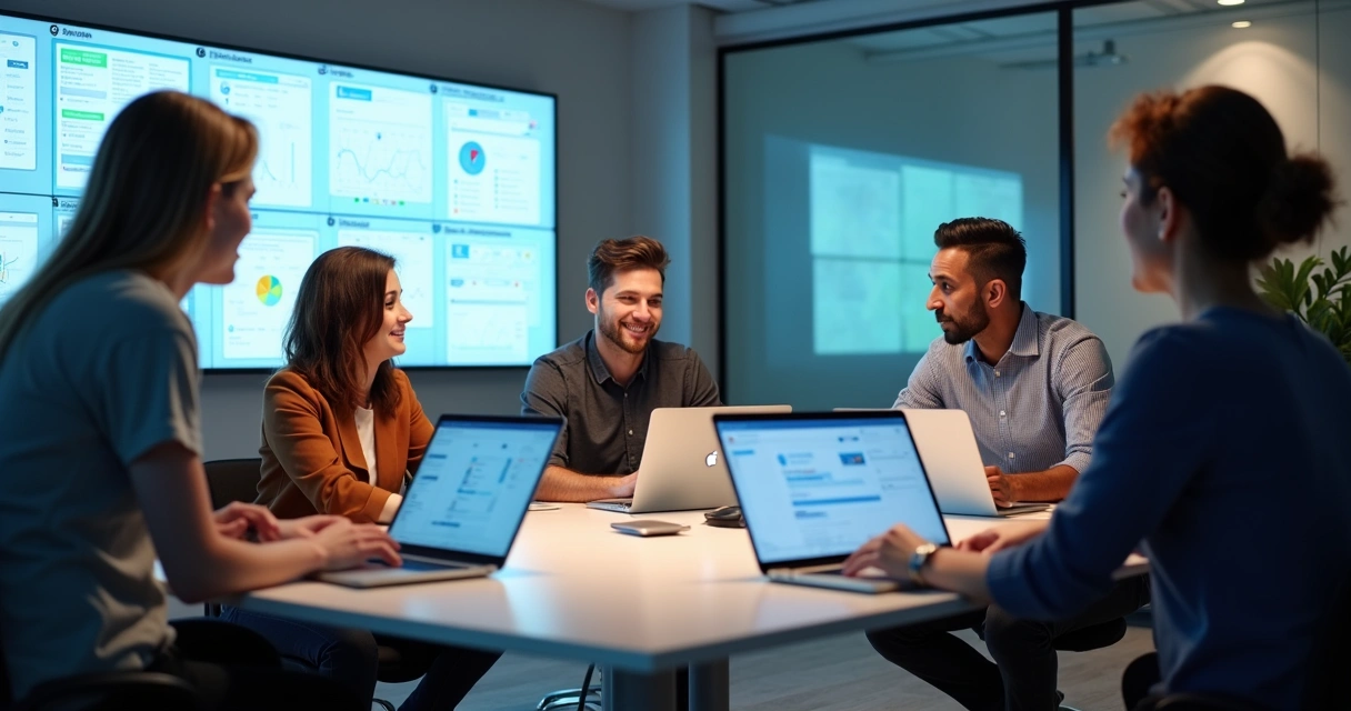 Equipe de RH analisando dashboards e colaborando em diferentes telas 