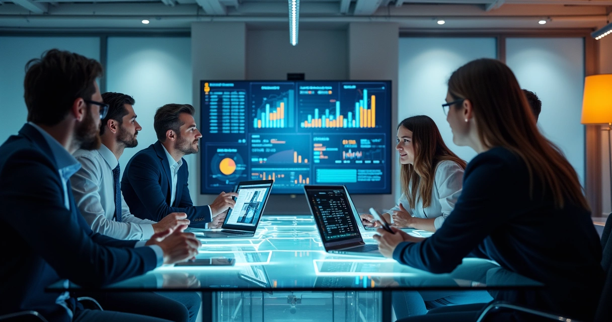 Pessoas usando vários dispositivos em um ambiente moderno de marketing digital 