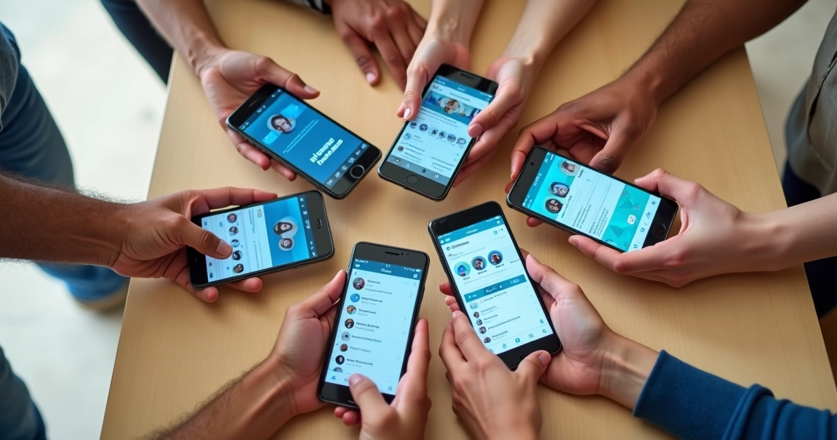Várias mãos segurando smartphones com redes sociais 