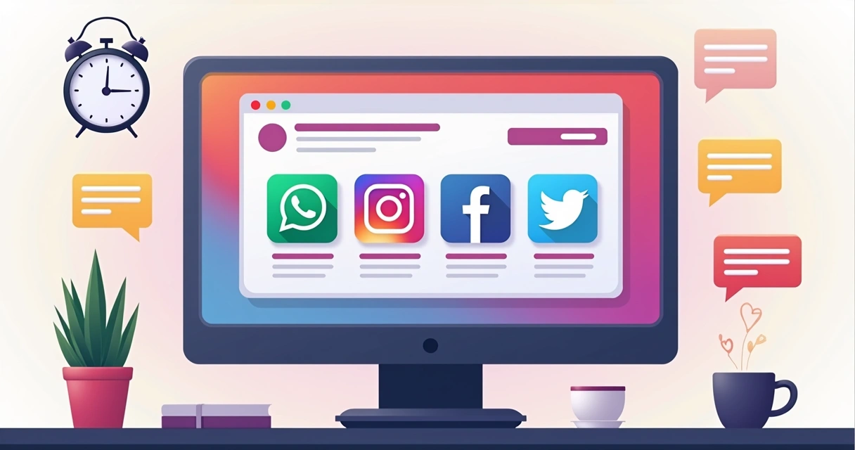 Vários ícones de redes sociais (Instagram, Facebook, WhatsApp, X) em tela de computador 