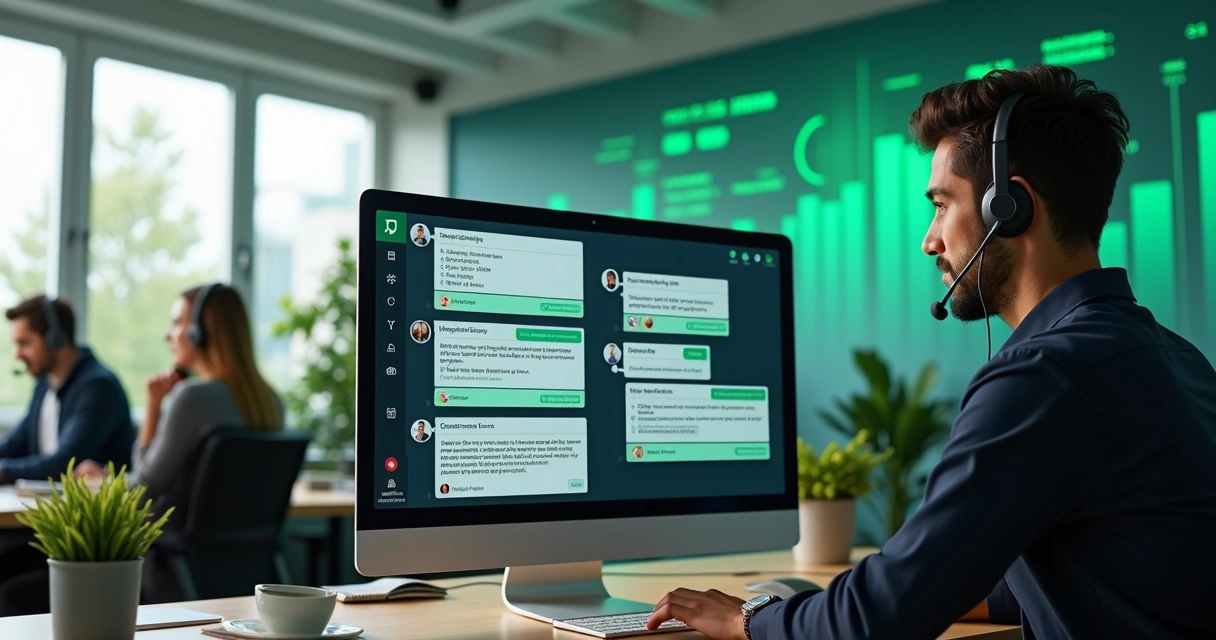 Dashboard showing multiple agents managing WhatsApp customer chats on computers 