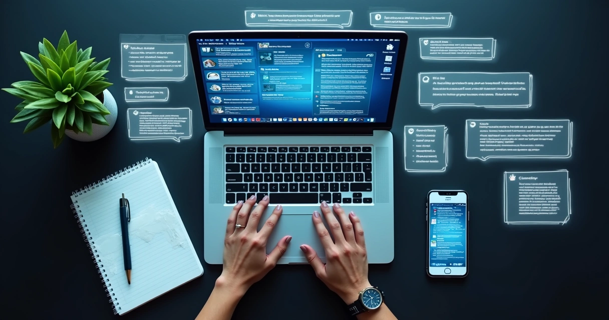 Laptop and phone crowded with overlapping message notifications 