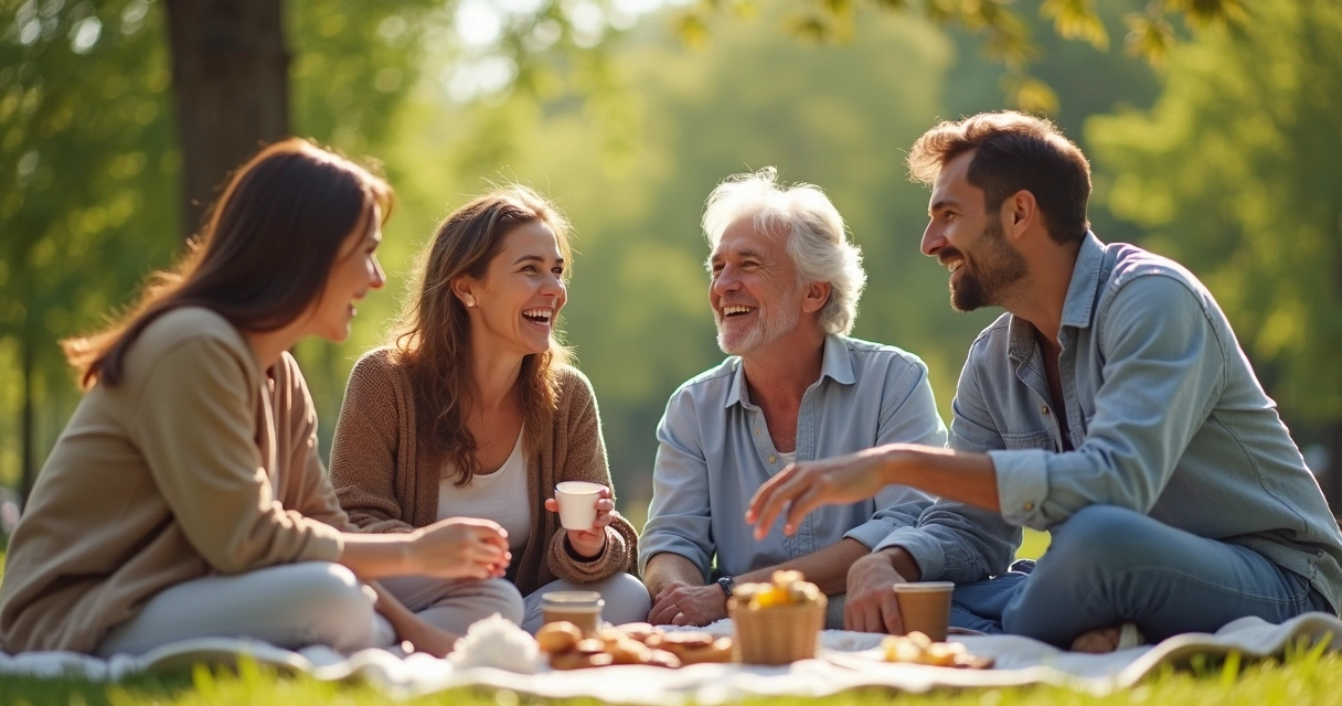 Group of couples outdoors talking and laughing 