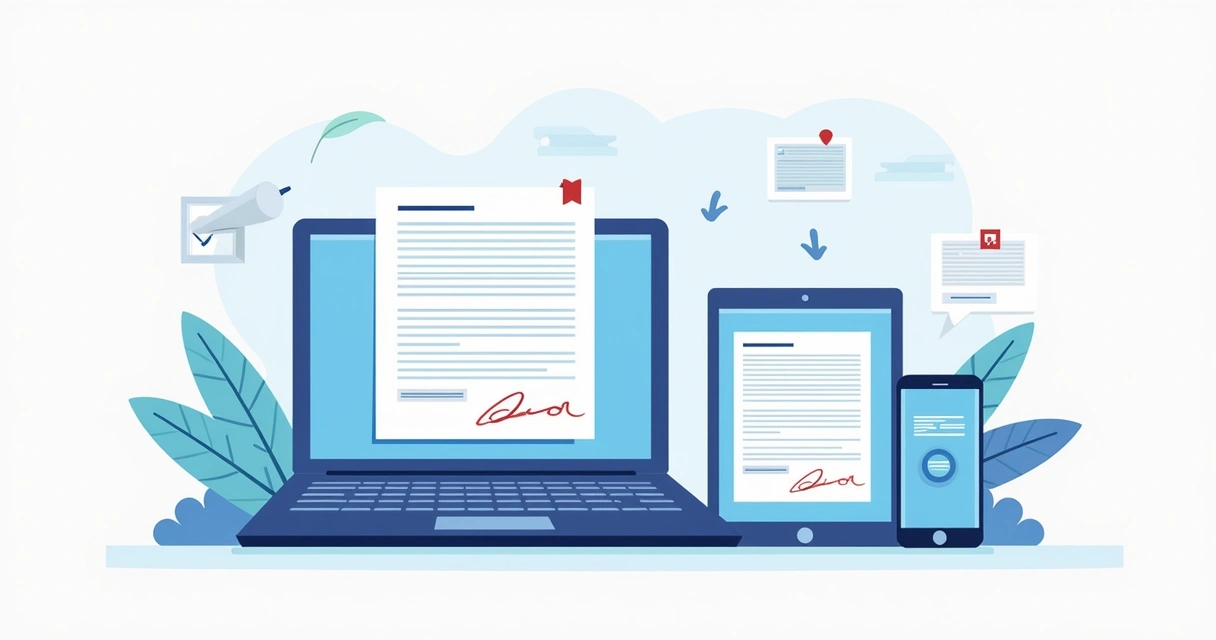 Signing a document online on laptop, tablet, and smartphone simultaneously
