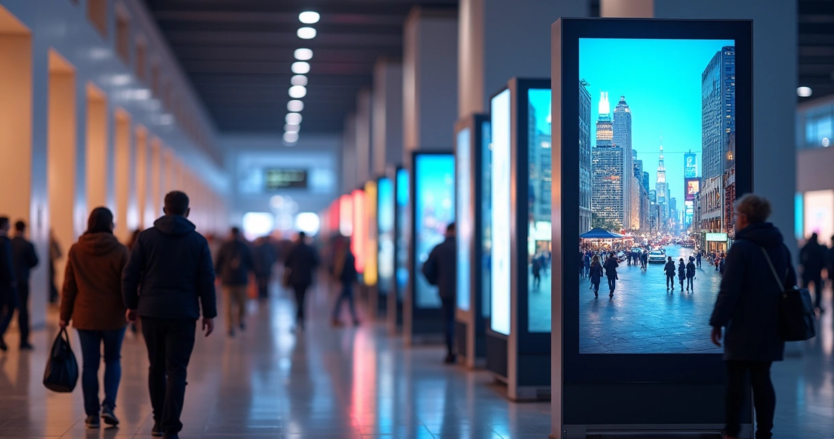 Vários totens digitais alinhados em corredor movimentado 