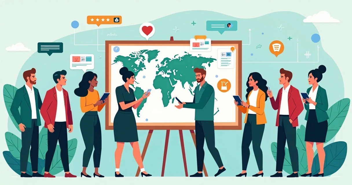 Equipe de campanha em frente a mural com mapas e fotos de apoiadores 
