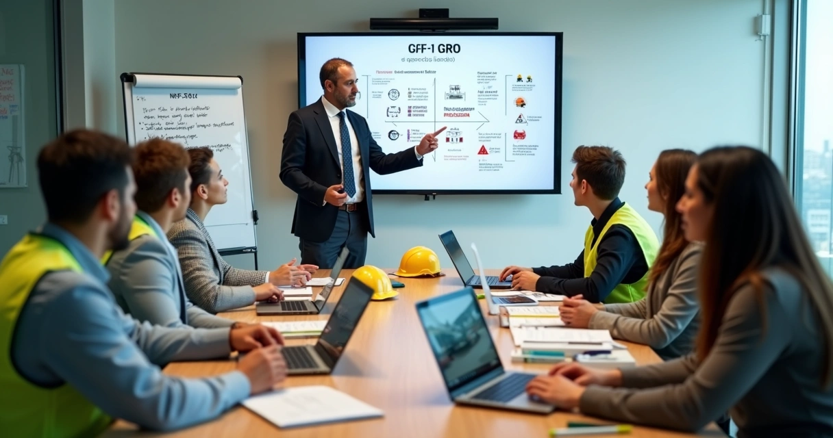 Equipe de segurança do trabalho em treinamento sobre gerenciamento de riscos ocupacionais 