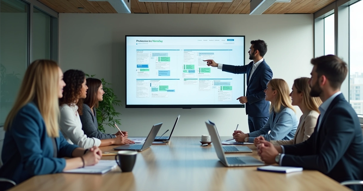 Equipe reunida em sala, colaborador apresentando conteúdo em monitor 