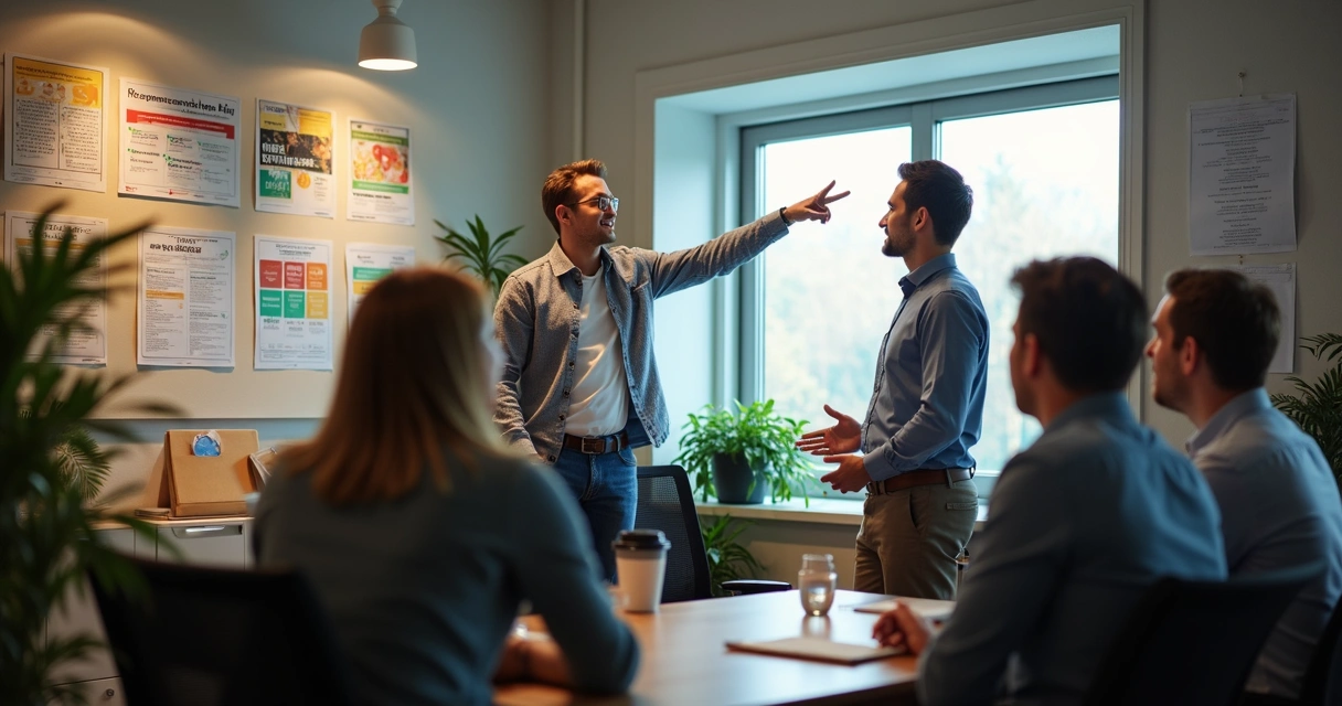 Colaboradores treinando outros sobre OKR na PME 